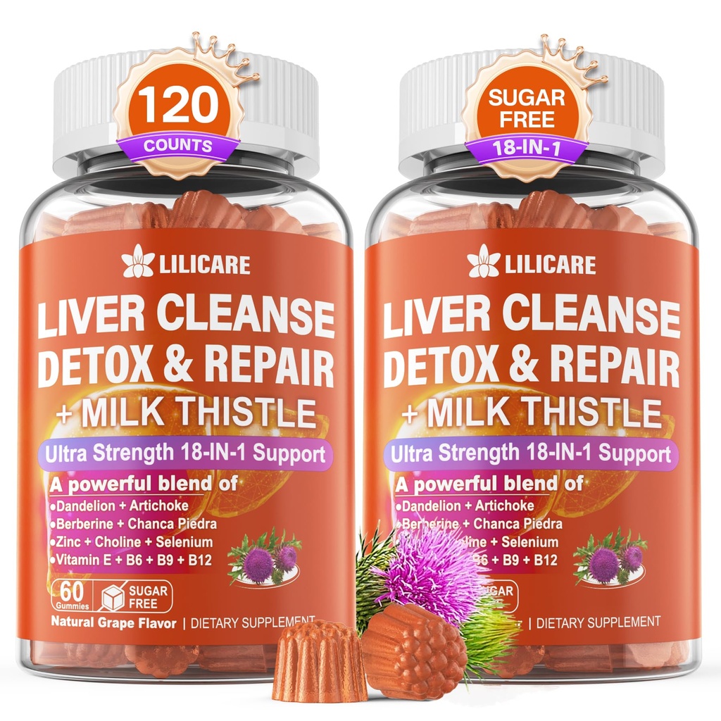 Detox Gummies, 18-IN-1 Liver Cleanse Detox & Riparazione Supplemento con Berberina, Chicory Root, Turmerico, Artichoke, Radice di Dandelion, Chanca Piedra, Vitamine B6 B12-Sugar Free,Pack of 2