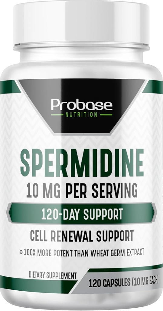 Probase Nutrition Spermidine (10mg di 99% Spermidina 3HCL - Terze Parti Testate) 120 Capsule - 100x Più Potente Dell'Estratto di Germ Di Grano, Salute di Telomere e Alimentazione di 120-Giorni - Come efficace come NMN