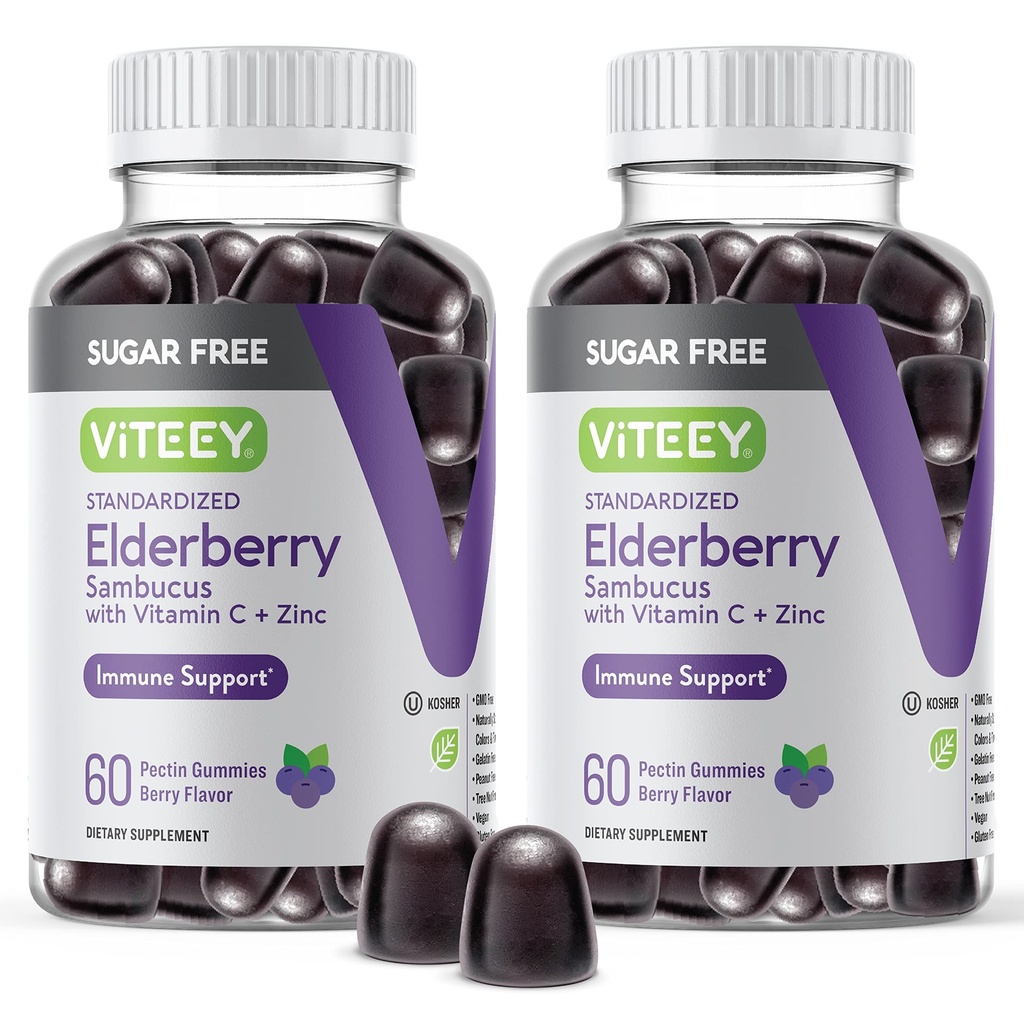 VITEEY Sambucus Elderberry Gummies for Adults & Teens + Zinc & Vitamin C - Sugar Free - Supporto immunitario & Booster Herbal Supplement - Vegan, Gluten Free, Gelatin Free, GMO Free, Chewable Berry Flavored