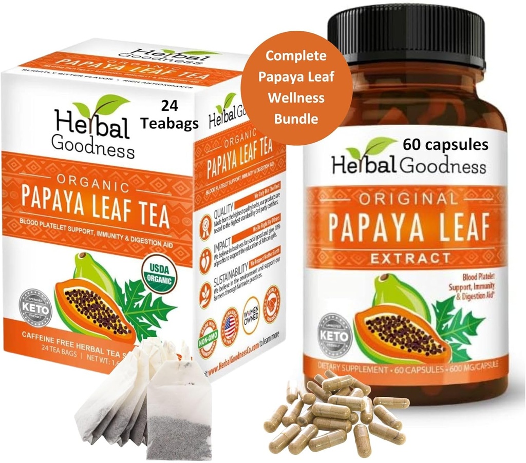 Papaya Leaf Extract Capsule and Papaya Leaf Tea Bundle - Sostenere completamente la salute immunitaria e il benessere digestivo