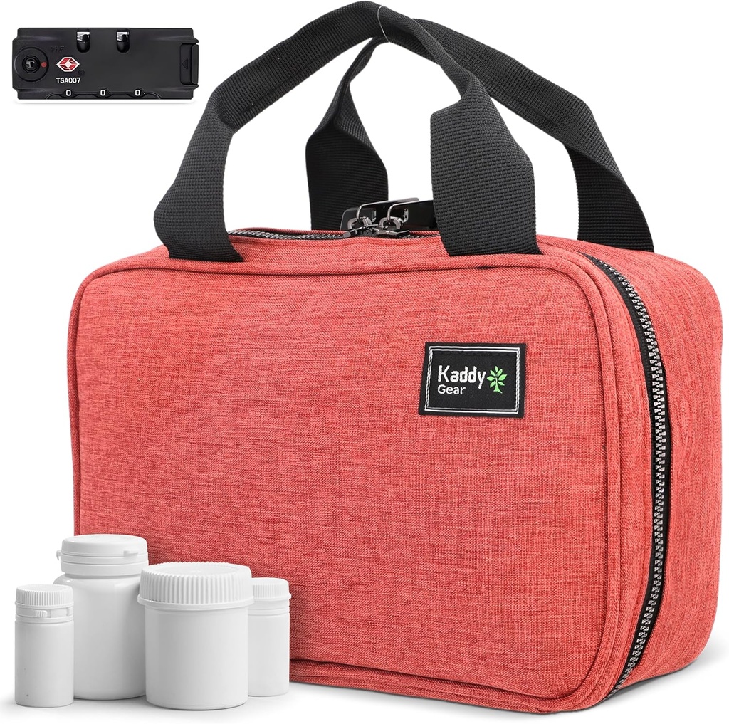 Kaddy Secure Pill Organizer Box, Stoccaggio per Bottiglie di Medicina o Supplementi; Toiletry; Viaggi o Casa, TSA Approved Lock (Red)