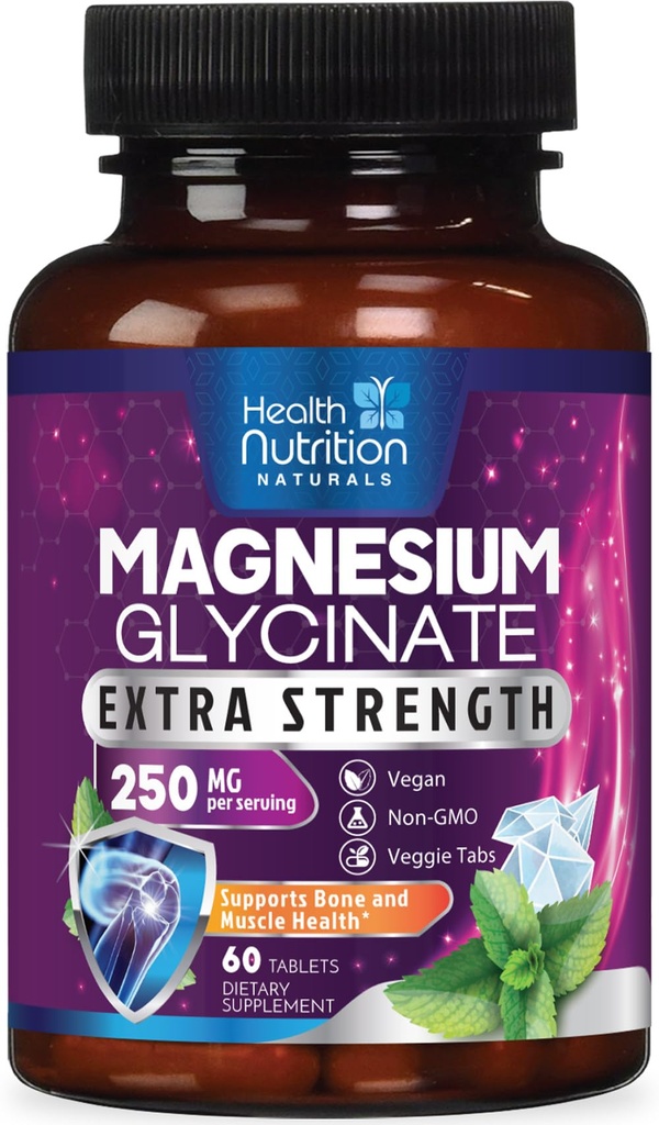 Magnesio Glycinate 250mg - Magnesio 100% Chelato per Max Absorption - Supporto Sonno, Muscolo, Nervi, Bone & Heart Health Support, Miglior Mag Supplemento, Vegan Non-GMO, 3° Partito Testato - 60 compresse