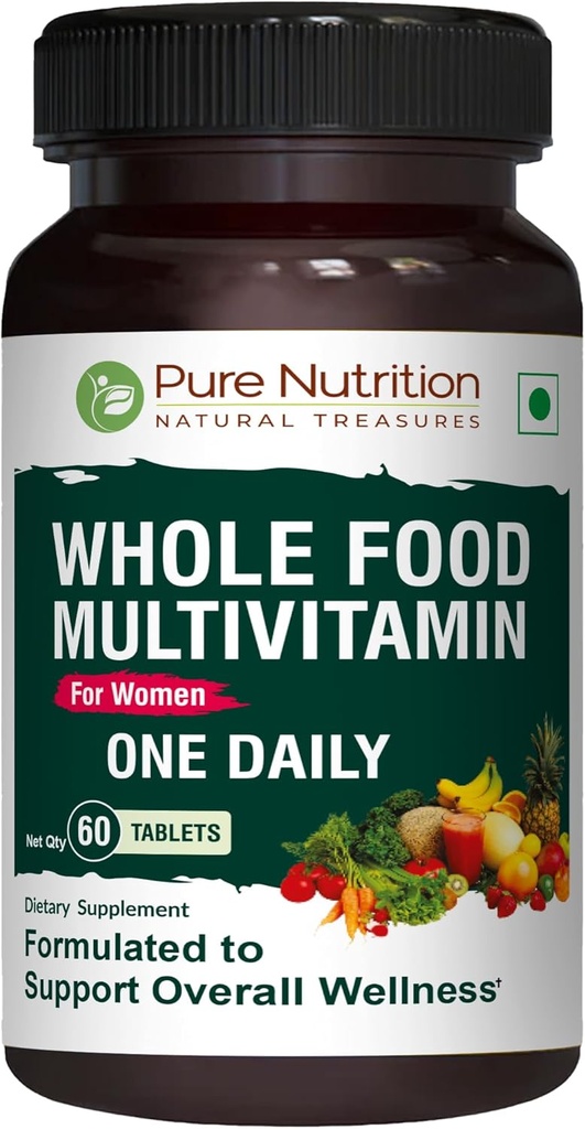 Pure Nutrition Whole Food Multivitamin per le donne | 60 Tabs | One-A-Day | 100% RDA | 24 Vitamine Naturali e Minerali | Tutti Natural Plant Based Women's Multivitamin | 2 Mesi di alimentazione