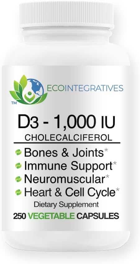 Vitamina D3-1000 IU 25 mcg (Cholecalciferol) Supporto anallergico per muscoli, ossa e denti, seno, prostata, cardiovascolare, Colon & Immune Salute (250 capsule vegetali)