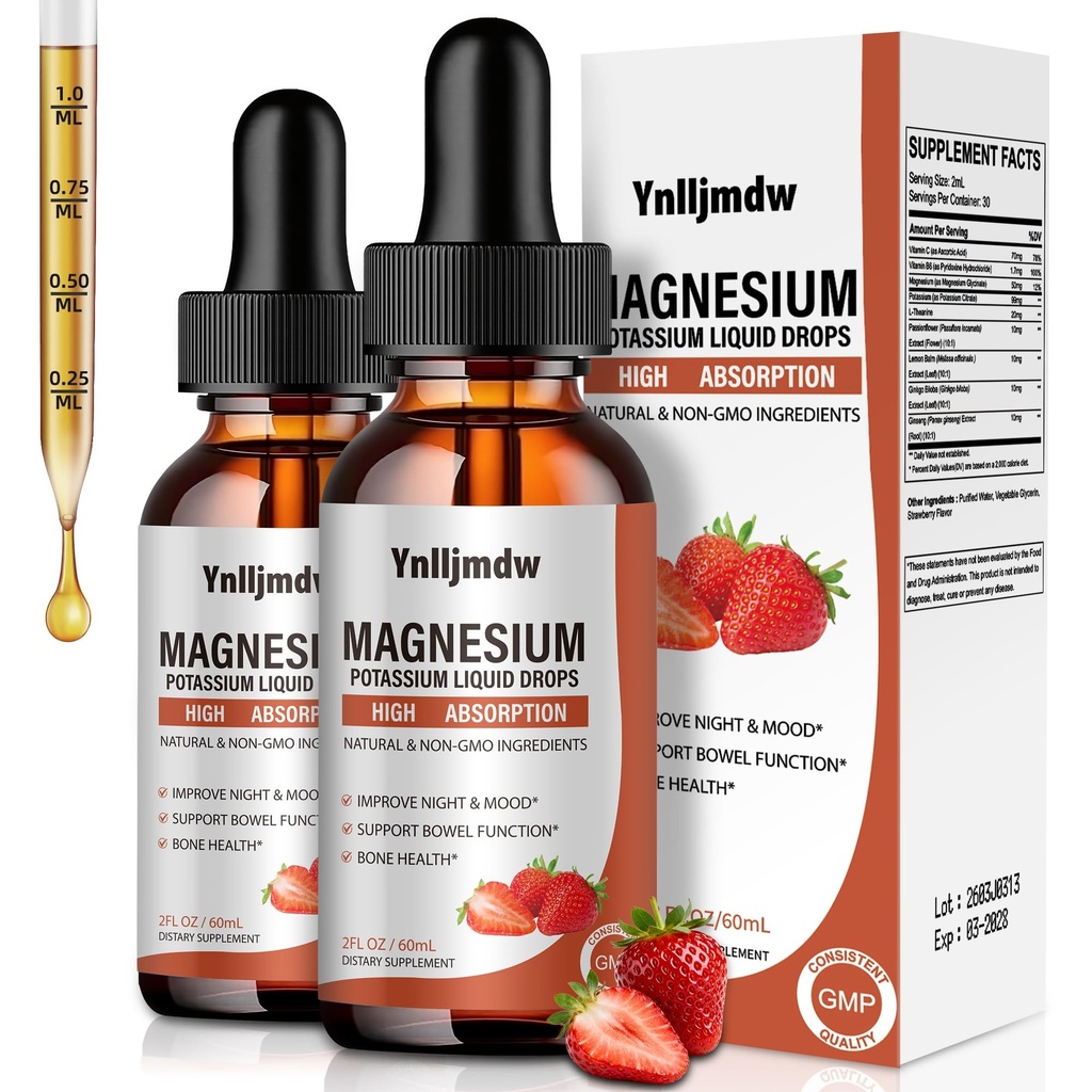 Magnesio Glycinate Gocce Liquide, 1000 mg Supplemento di Magnesio Liquido con Bromelain, Vitamina B6 C D, Complesso di Magnesio ad Alta Assorbimento per Notte, Supporto Muscolo & Energia, 2 Fl Oz (Pack of 2)