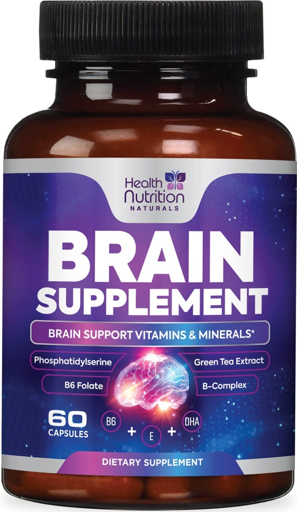 Integratori cerebrali per memoria e messa a fuoco - Capsule Nootropici Extra per Concentrazione, Alertità, Supporto cognitivo - Phosphatidylserine, DMAE, Vitamine per la salute del cervello B6 C E Zinc - 60 Capsule
