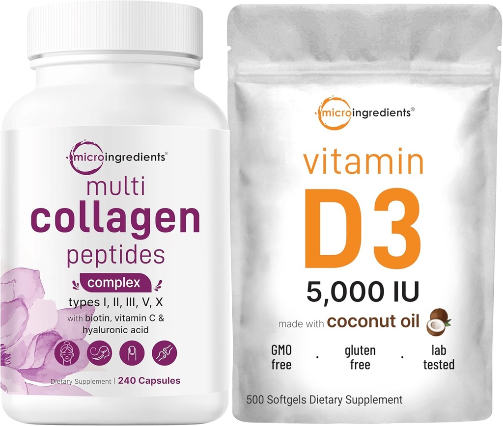 Micro Ingredienti Pillole Multi Collagen & Vitamina D3 5000 IU Bundle Pack | Peptidi di collagene a base di erba | Vitamina D come Cholecalciferol
