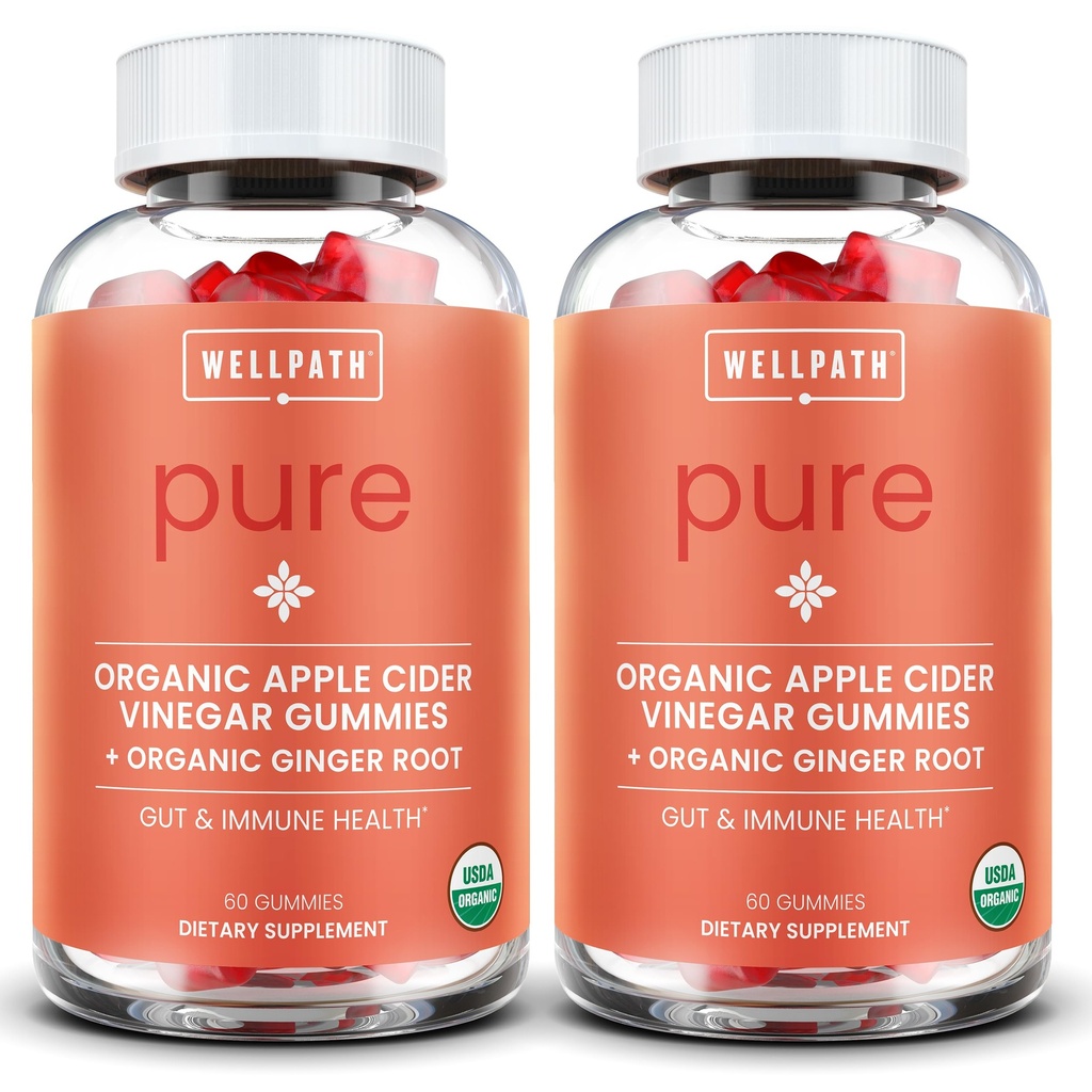 WellPath Pure ACV Gummies (2 Pack) - Aceto di sidro di mele con madre - USDA Gomma organica con zenzero per la salute del fegato | Vegan, Non OGM, 120 Ct