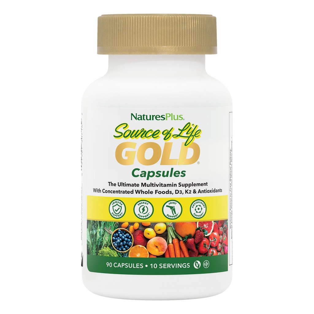 NaturesPlus Sorgente di Vita Multivitamina Oro - 90 Capsule Vegetariani - con Vitamine D3, B12, K2 & Più di 120 Cibi Interi - Sangue, Bone & Supporto Immune - Gluten Free - 10 Serve
