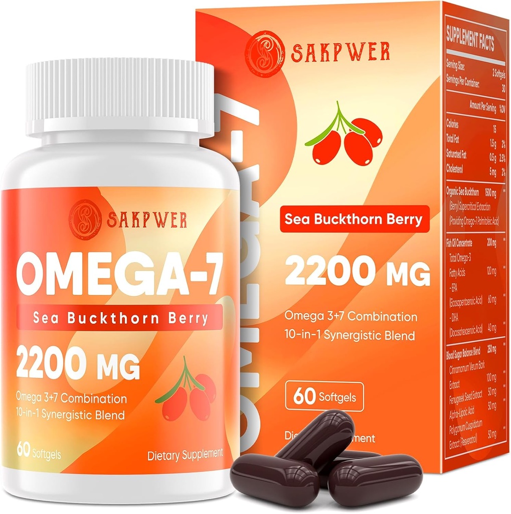 Omega-7 Sea Buckthorn olio - con Omega-3 EPA/DHA Fish Oil, Cinnamomum, Fenugreek, ALA, Tè verde, Pepe Cayenne, Turmerico, Resveratrolo, Pepe Nero - Gluten-Free, 60 Softgels