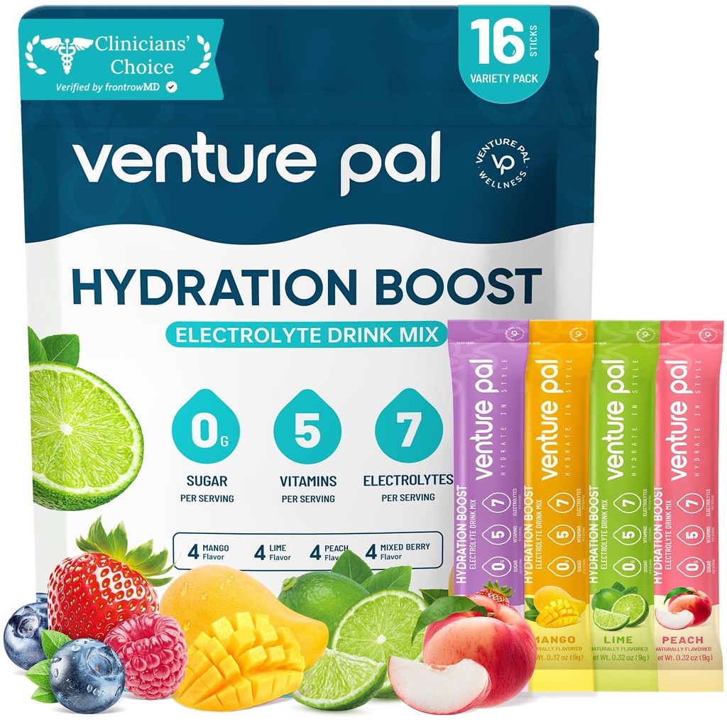 Imballaggio della polvere dell'elettrolita senza zucchero di Venture Pal - Imballaggio di idratazione del liquido giornaliero IV | Miscela di bevanda degli elettroliti con 5 vitamine & 7 elettroliti | Keto Friendly | Non OGM | Vegan certificato | 16 Sticks