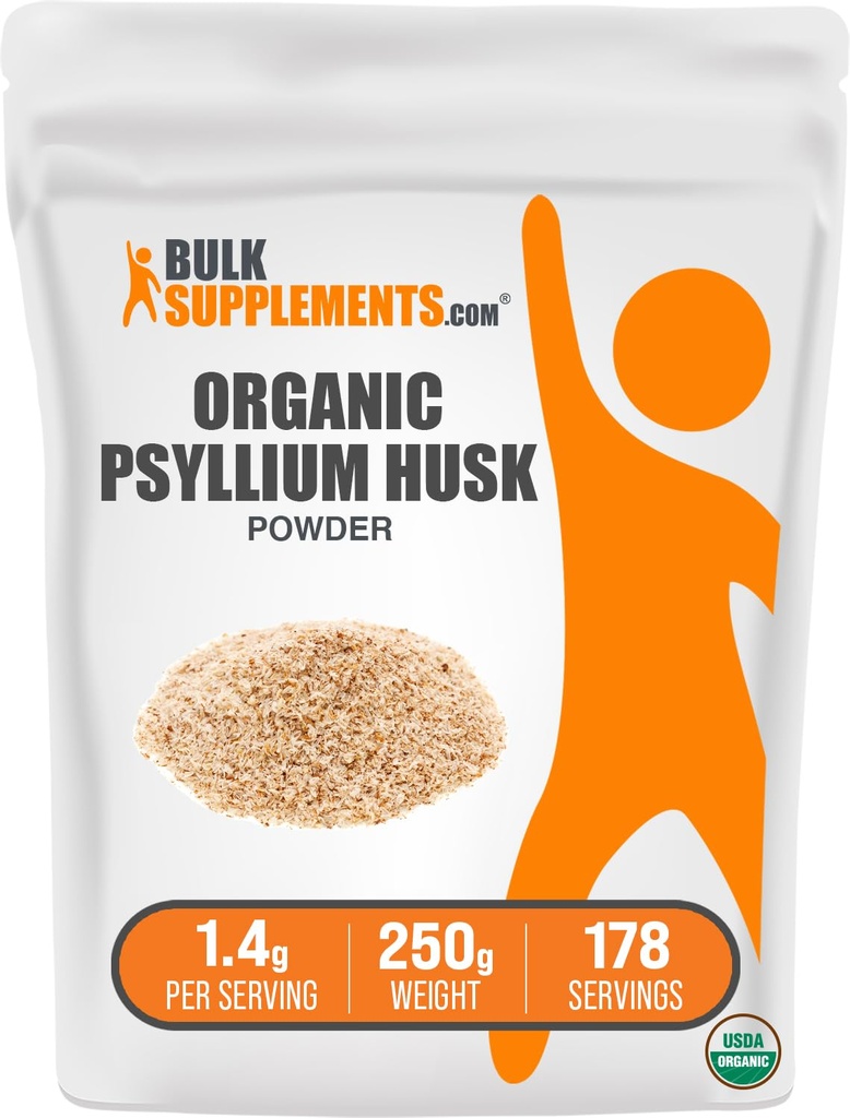 BulkSupplements.com Polvere di Husk di Psyllium Organic - polvere di Husk di Psyllium per cuocere, supplemento di fibra - senza glutine, 1.4g per porzione, 250g (8.8 oz) (pacchetto di 1)
