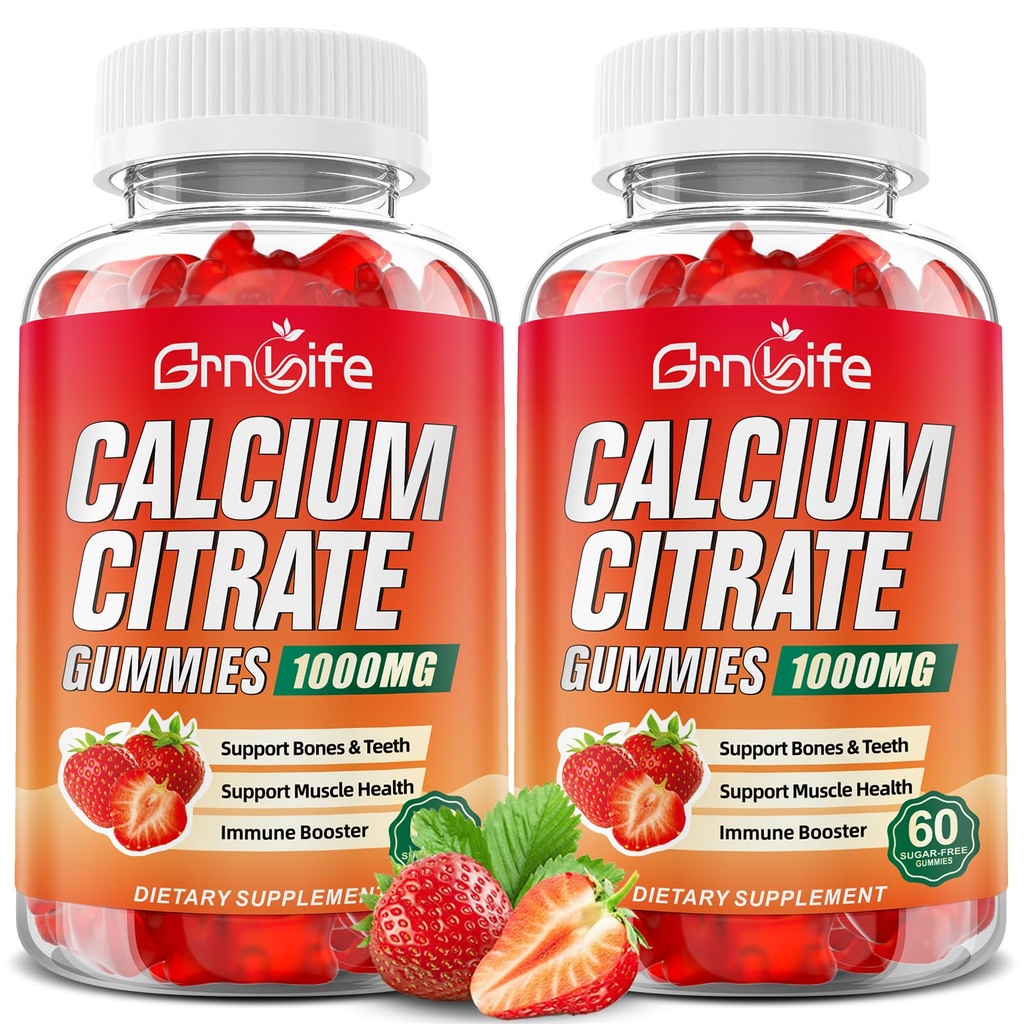 Citrato di calcio 2 Pack Gummies, Citrato di calcio libero da zucchero 1000mg per muscolo sano, assorbente supplementi di calcio per adulti e bambini, fragola, 120 conte