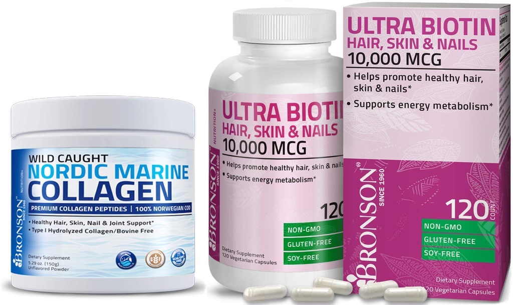 Bronson Marine Collagen Peptides Hydrolyzed Protein Powder + Ultra Biotin 10.000 Mcg Hair Skin and Nails Supplement