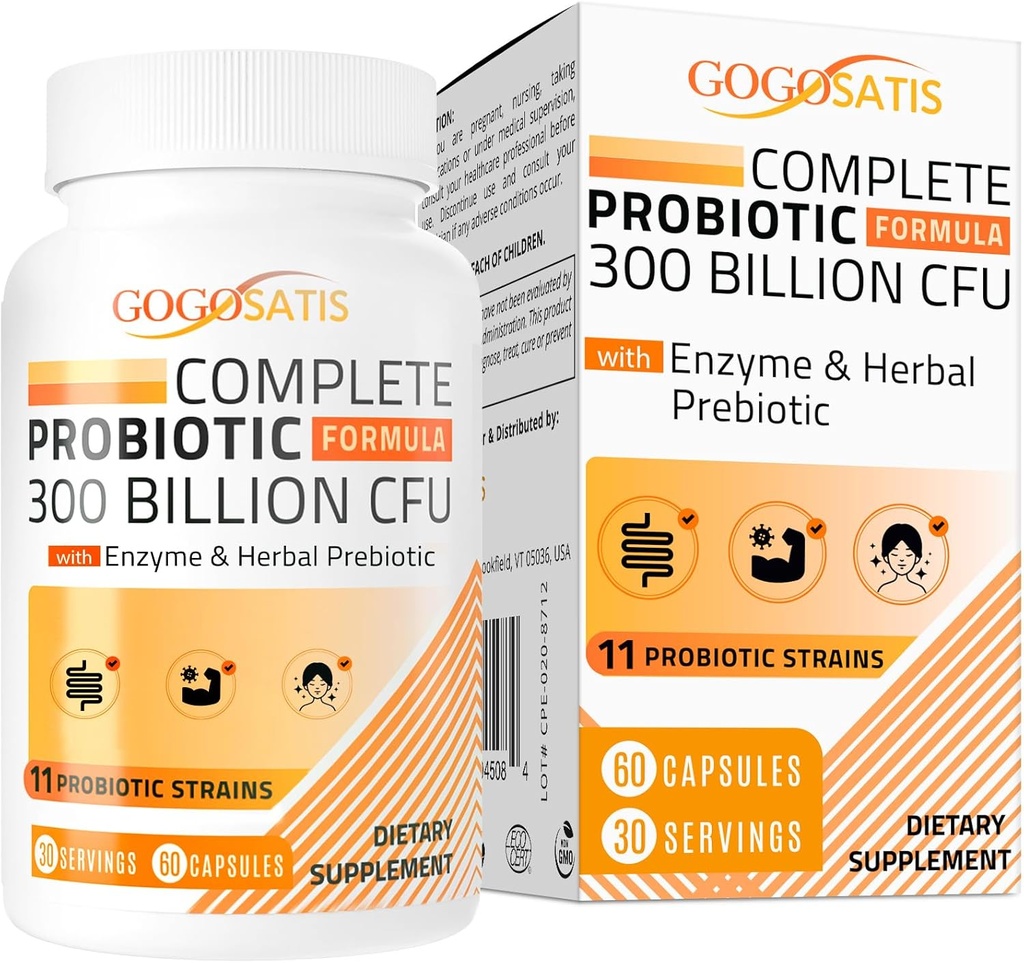 Probiotici per le donne e gli uomini, 300 miliardi di CFU 11 Strains + Enzimi organici di erbe e digestivi, Probiotico per la salute digestiva, Gas & Bloating, Immune, Salute Gut per le donne e gli uomini, Scaffale stabile, 60 Caps