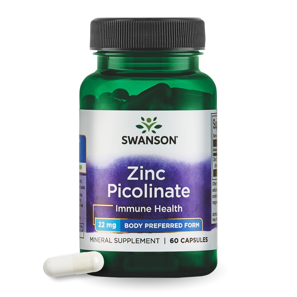 Swanson Zinc Picolinate - Supplemento minerale Promuovere la salute della prostata, la salute della visione, e il supporto immunitario - Corpo Preferito Forma di Zinco Chelato - (60 capsule, 22mg ciascuno)