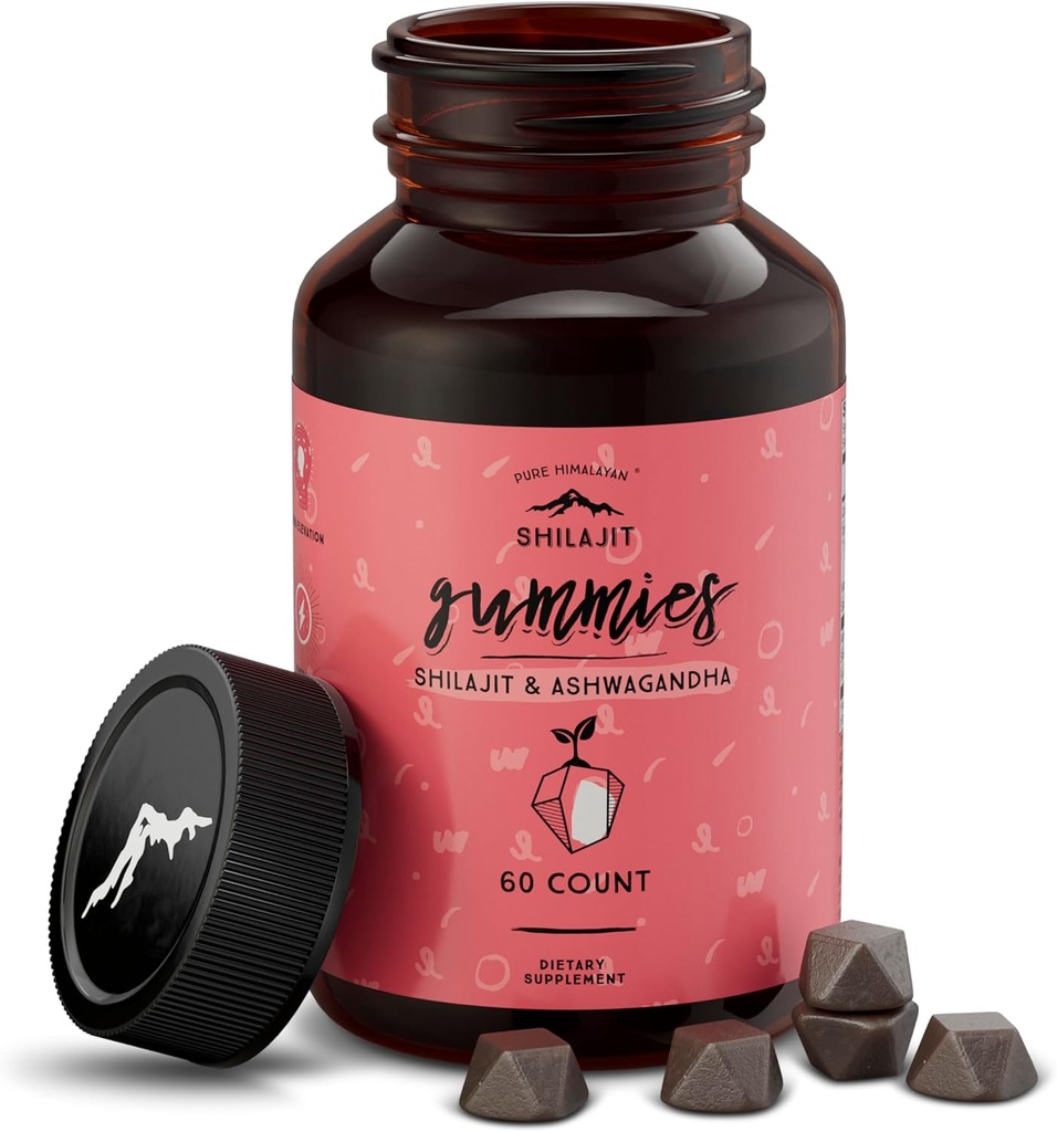 Pure Himalayan Shilajit Gummies, Sugar-Free, 85+ Trace Minerals & Fulvic Acid for Energy, Metabolism & Immune Support, Shilajit for Men & Women, Ashwaghanda Gummies (60 Count)