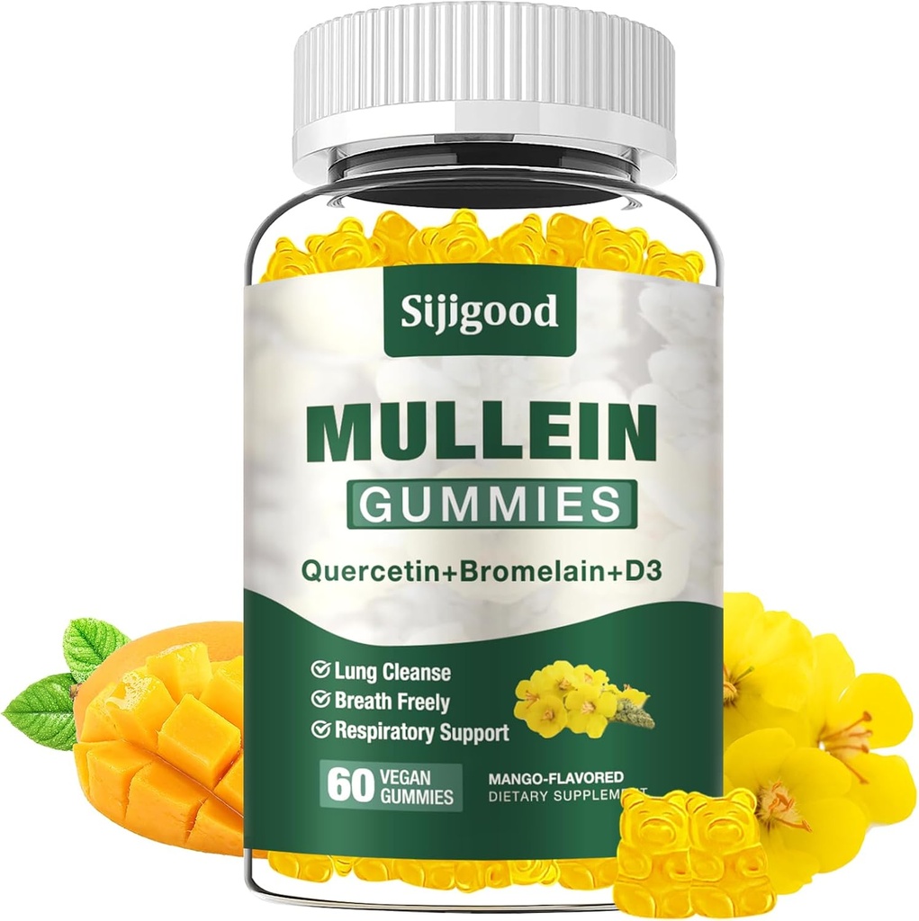 Mullein Gummies per polmoni, Mullein Leaf Extract Supplemento per Digestive & Respiratory & Immune Support with Bromelain, Quercetin, Mango Flavor, 60 Count