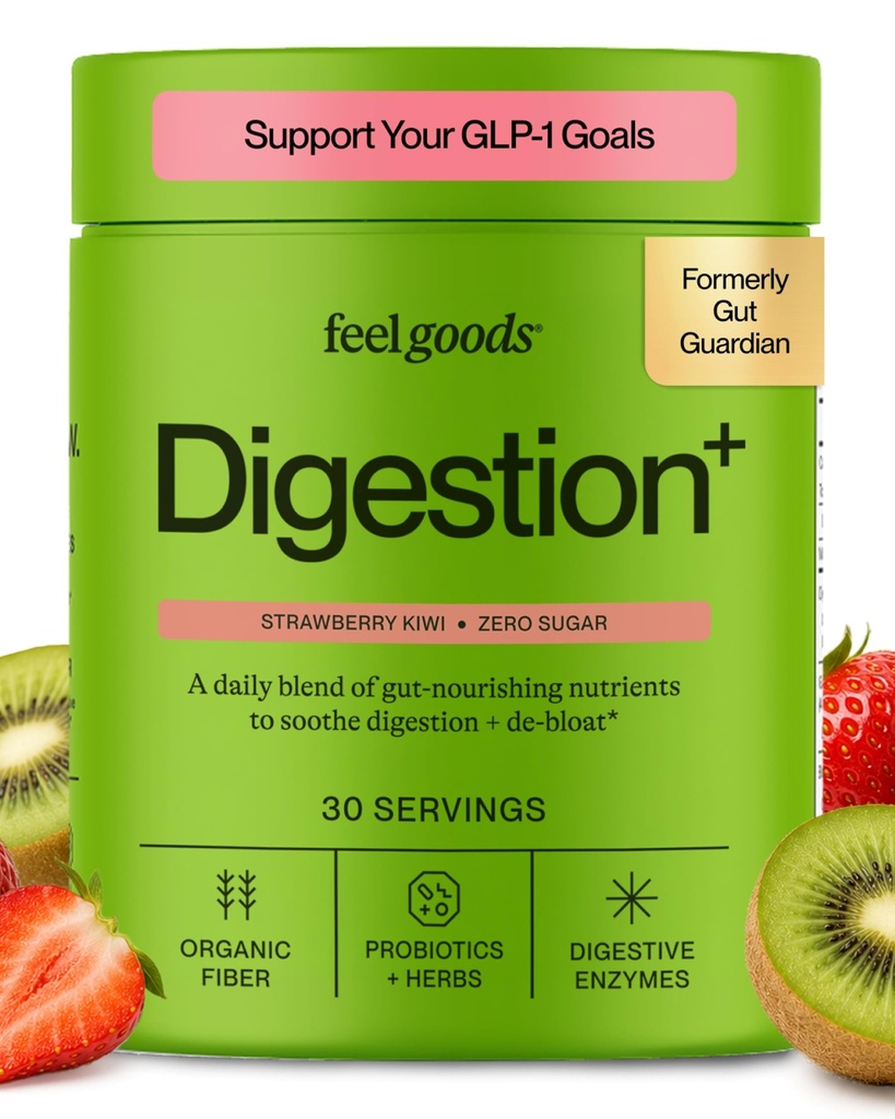 Feel Goods Gut Guardian, Fibra Organica, Polvere Probiotica e Prebiotica, Zucchero Libero, Erbe per Bloat, Gut Health Support, Salute Digestiva per Uomini & Donne, Non OGM, Vegan, Strawberry Kiwi, 30 Servings
