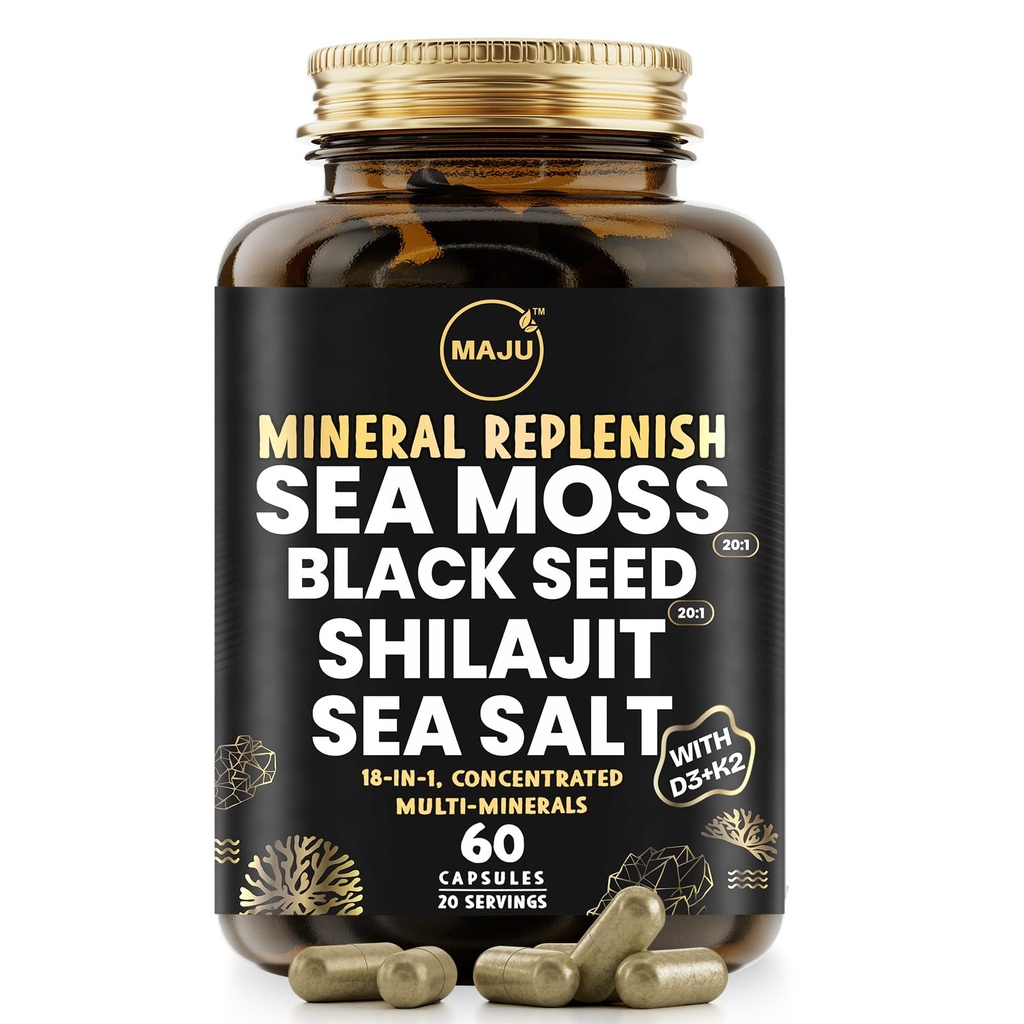 Maju Superfoods 18-in-1 Moss del mare, Seme nero, Shilajit, sale marino + D3 & K2, estratti concentrati, Trace Multi capsule minerali, per gli elettroliti minerali di uomini e donne