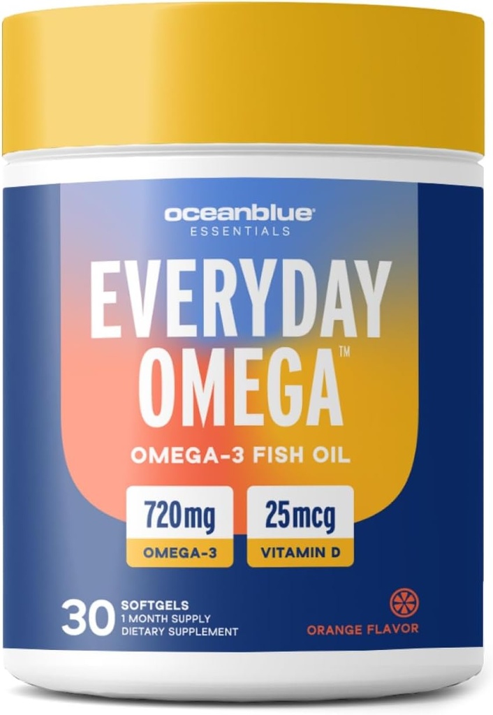 Oceanblue Omega 3 supplemento per le donne | Burpless Fish Oil 720mg con vitamina D3 | Heart Immune Support, Molecularly Distilled Orange Flavor (30 Count One a Day Omega)