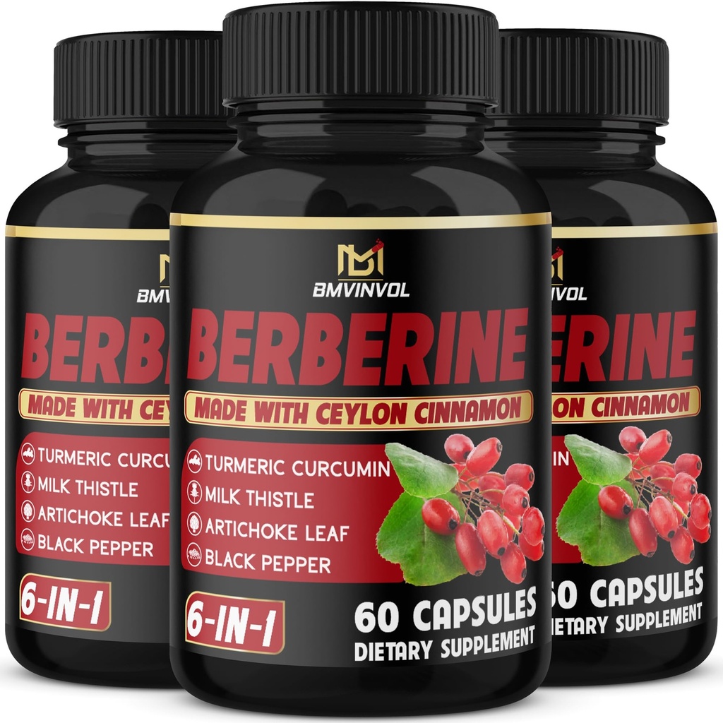 (3 pacchetti) Berberina Supplemento Plus Ceylon Cinnamon, Latte Thistle, Turchese, Foglia di carciofo, Peppe Nero - 6 mesi di alimentazione - 180 capsule Totale