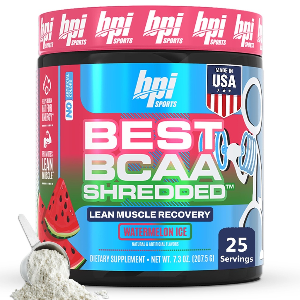 BPI Sports Best BCAA Shredded - Caffeina Free Thermogenic Recovery Drink, Lean Muscle Building BCAA Polvere per le donne e gli uomini, Preworkout BCAAs Aminoacidi Bere- Watermelon ICE - 25 Serve
