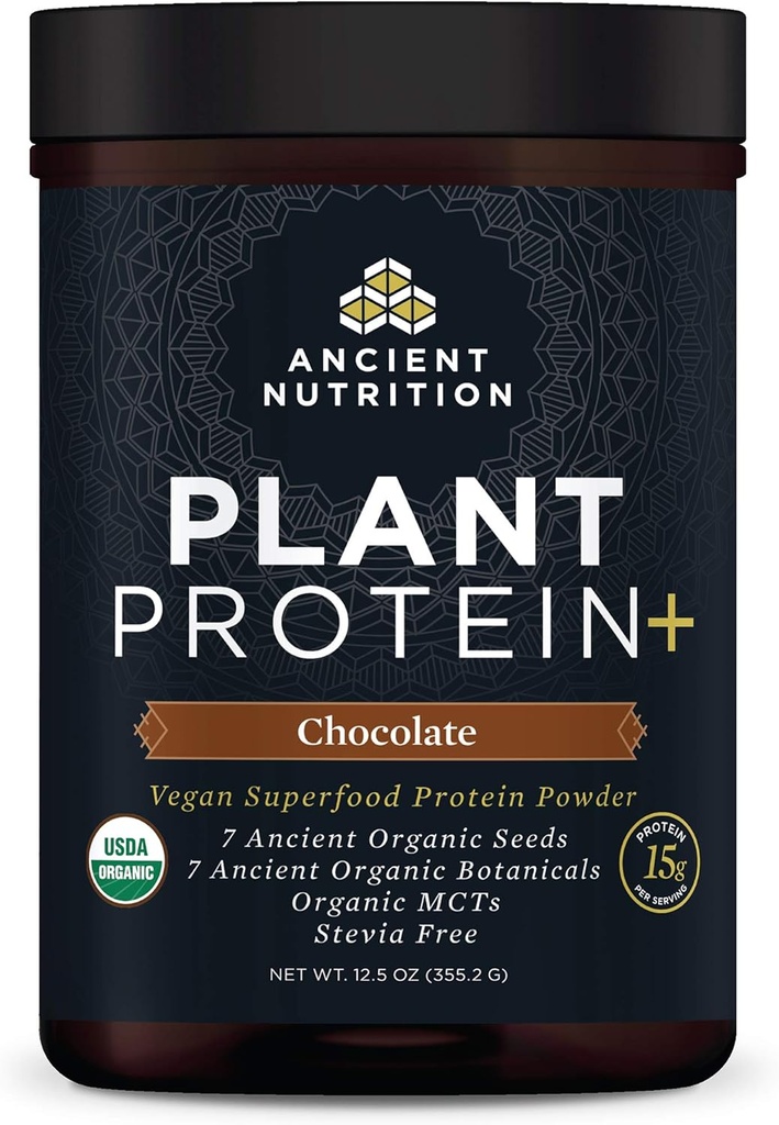 Antica Nutrition Plant Based Protein Powder, Plant Protein+, Chocolate, Organic Vegan Superfoods Supplement, 15g Protein Per Serving, Gluten Free, Paleo Friendly 12 Serve