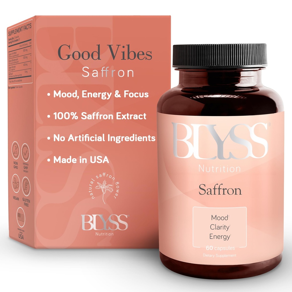 Integratori di Zafferano – Pillole di Estratto di Zafferano per le donne – Supporto Mood, Energy Boost, PMS, Clarity Mentale & Metabolismo - Non-GMO, Gluten Free, 60 capsule vegane