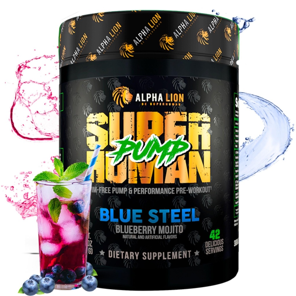 ALPHA LION Pompa Superumana Pre Workout Powder, Nootropic Caffeine & Stim Free Preworkout Supplement, Nitric Oxide Booster, Muscle Gainer, Energy & Focus (42 Serve, Blueberry Steel Flavor)