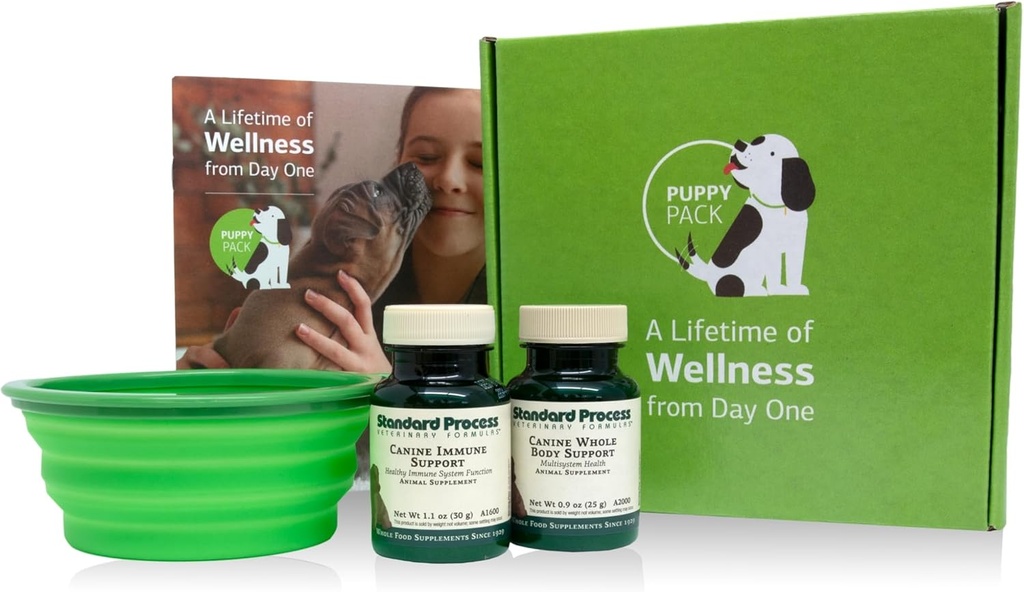 Imballaggio standard del cucciolo di processo - Integratori della polvere di supporto dell'immune e dell'intero corpo della canina - Kit di sostegno del cucciolo con il supporto del corpo intero della canina e il supporto del sistema immunitario della canina - Include la ciotola dell'acqua pieghevole