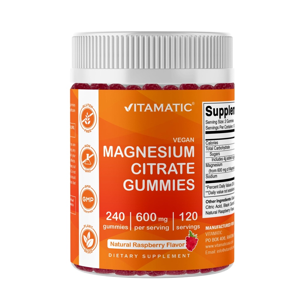 Vitamatic Magnesio Citrato Gummies 600mg per Serving - 240 Vegan Gummies - Natural Raspberry Flavor - Alto assorbimento Magnesio Supplemento - Supporta Nerve, Bone e Muscolo Salute
