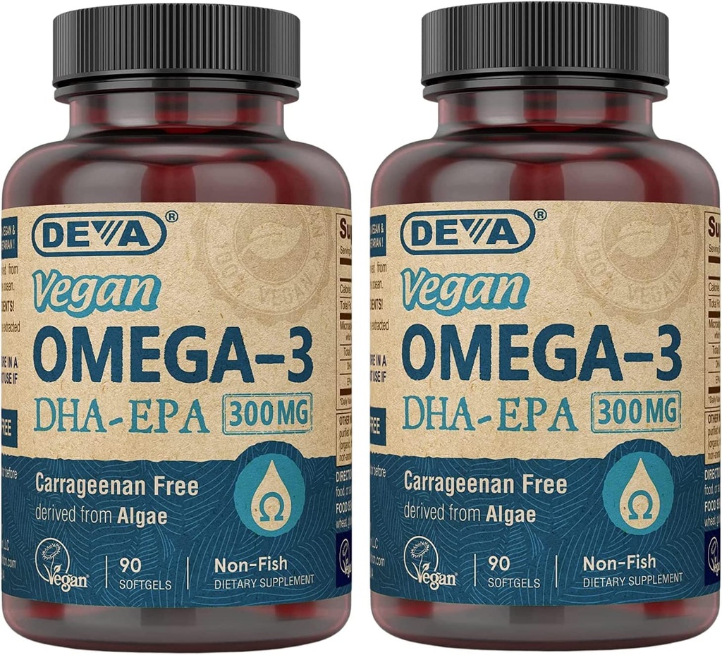 DEVA Vegan DHA-EPA Integratore alimentare, Non-Fish Derivato da Alghe, 300 mg Potency, 90 Softgel vegetariani - Confezione da 2