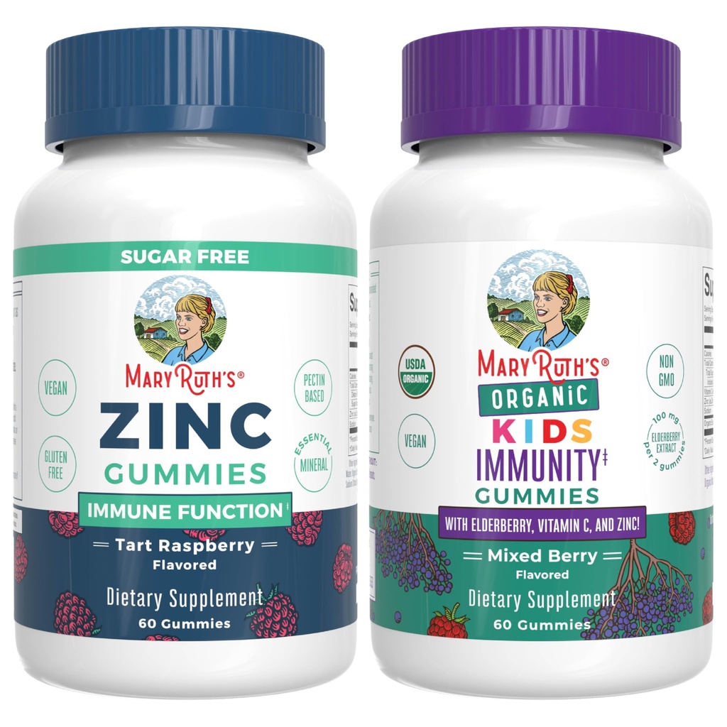 MaryRuth Organics Zinc (Tart Raspberry) & Kids Immunity Gummies (Mixed Berry) | Clean Label Project Verified® | Vitamine per Immunità e salute generale e benessere | Vegan, Non OGM, No Gelatin