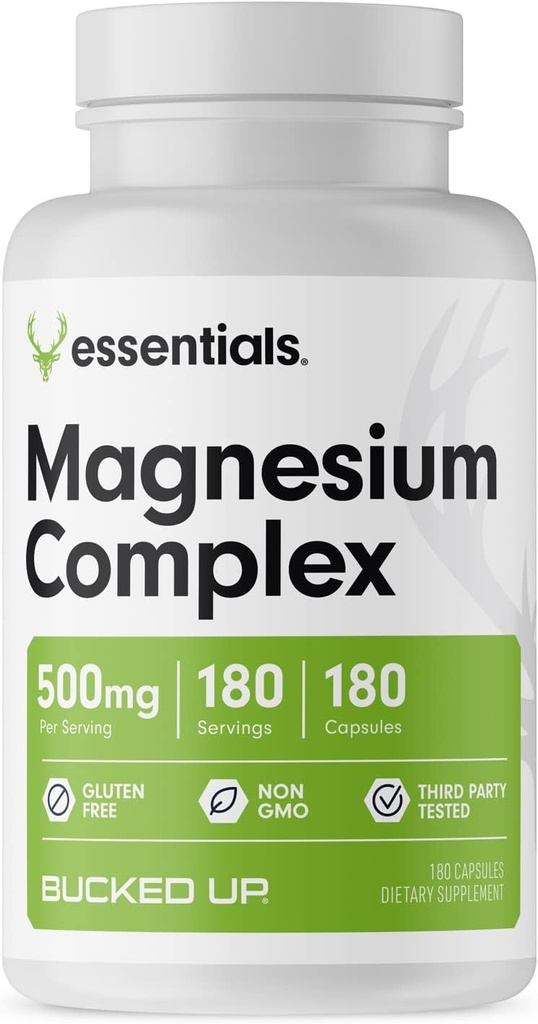 Magnesio Supplemento 500mg capsule | Magnesio Complesso con Glycinate, Citrate e Oxide | 3 forme attive di magnesio | Facile su Stomach | Made in USA | Bucked Up Essentials (180 Servings)