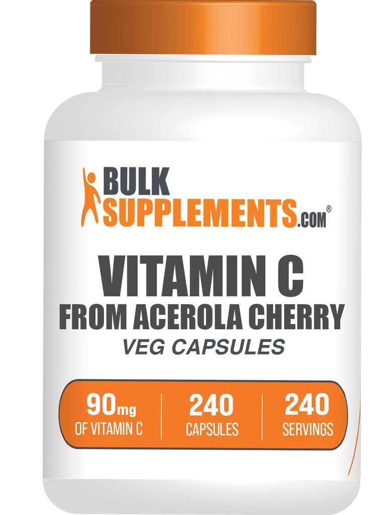 BulkSupplements.com Vitamina C da Acerola Cherry Capsules - Acerola Cherry Vitamin C Supplemento - Gluten Free, 1 Capsule per Serving, 240 Veg Capsules (Pack of 1)