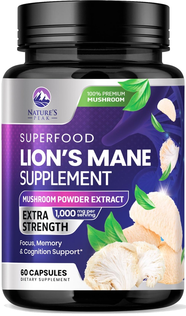 Lions Mane Mushroom Capsules 10.000mg - Lion’s Mane Supplement Capsule per Memoria e Supporto Focus, Cervello, Supporto per la Salute Immune, Vegan, Bottigliato negli Stati Uniti, Lions Mane Mushroom Powder Extract, 60 Count