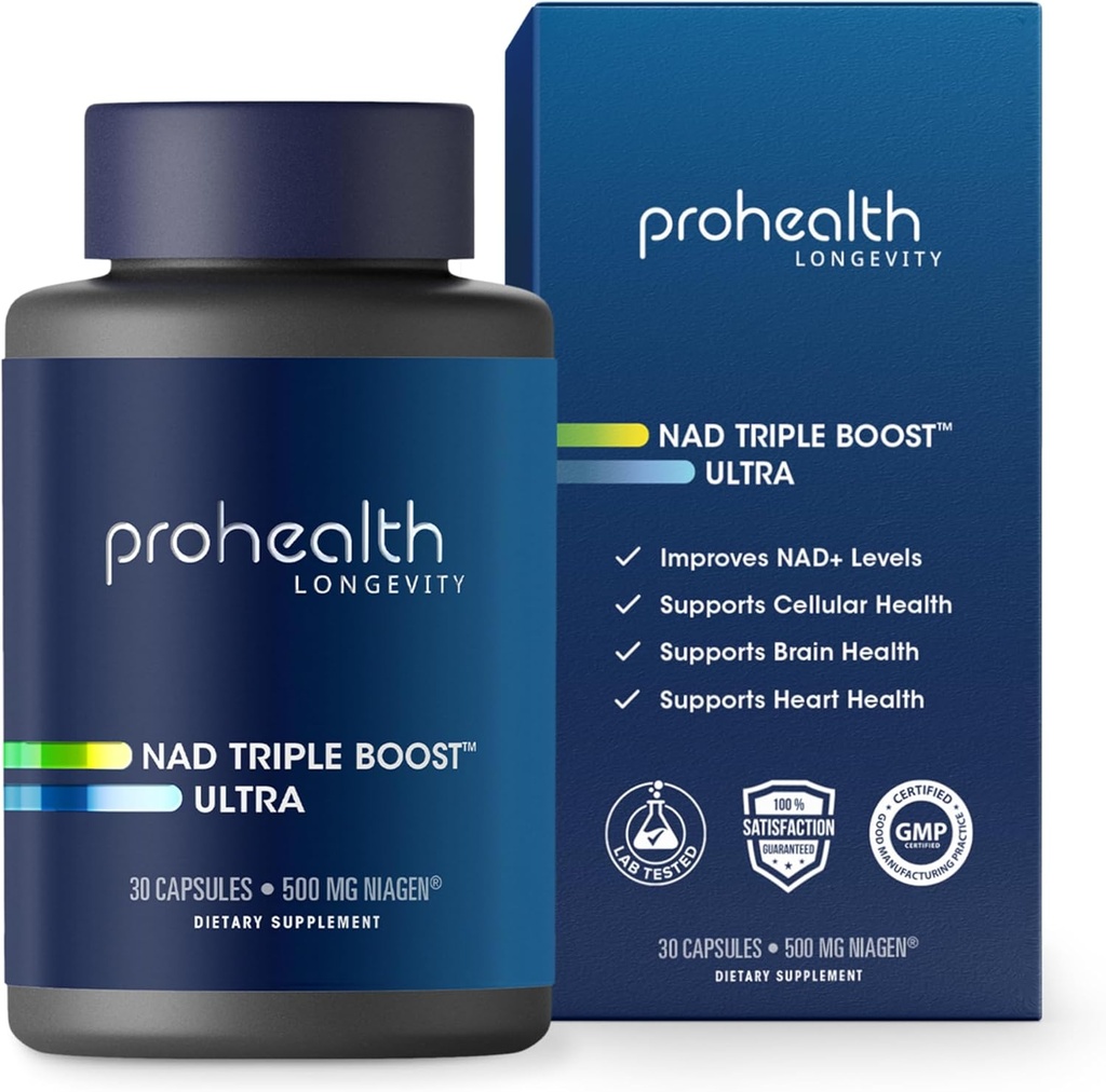 ProHealth NAD Triple Boost Ultra + 500mg Niagen NR. 3X NAD+ Optimizer Plus Apigenin, PQQ, Quercetin. Promuove la longevità, la salute del cuore e del cervello, attiva le sirtuine per la riparazione cellulare (30 Serve)