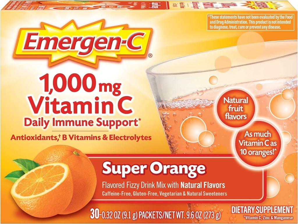 Polvere di vitamina C di Emergen-C 1000mg per il supporto immunitario giornaliero della caffeina Integratori di vitamina C con zinco e manganese, super aroma arancione - 30 conte