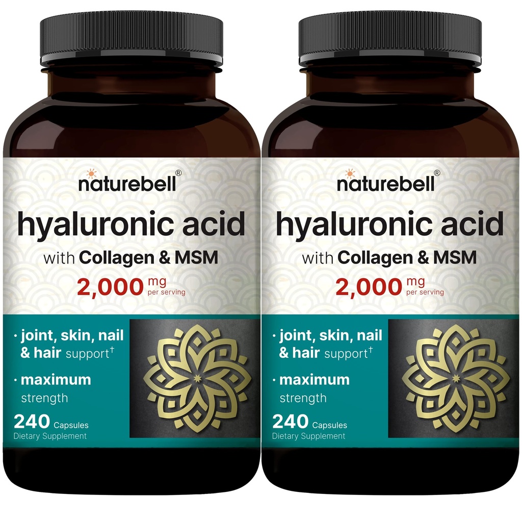 NatureBell 2 Pack Acido Ialuronico Integra 2.000 mg | 480 capsule totali, con MSM & Collage bovina idrolizzata – 3 in 1 Supporto per l'idratazione della pelle, Lubrificazione congiunta, Capelli e Salute degli occhi