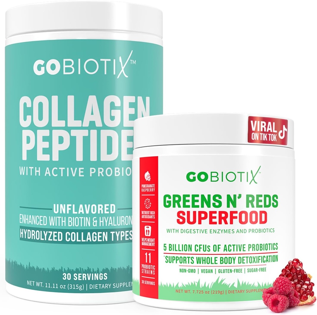 GOBIOTIX Super Greens & Collagen Bundle - Vitality Boost con Spirulina Organica & Hair-Skin-Nails Support - 30 Serve Ogni