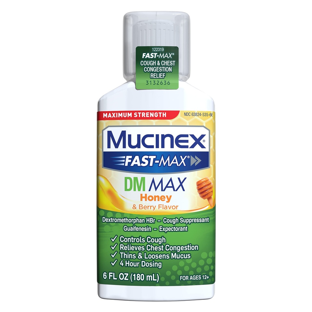Mucinex Fast-Max Massima Forza DM MAX, Rilievo Sintomo, Soppressore della Tosse e Prospettorante, Aroma di Miele & Berry, 6 FL OZ