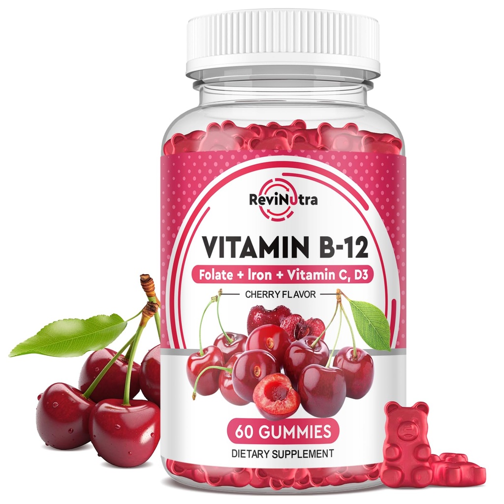 Vitamina B12 Gummies - 5000 mcg Methylcobalamin con ferro, vitamina C, D3 & Folate, supporto energetico e metabolismo, Immune, B-12 supplemento di masticabile complesso per uomini e donne, Vegan- 60 conte
