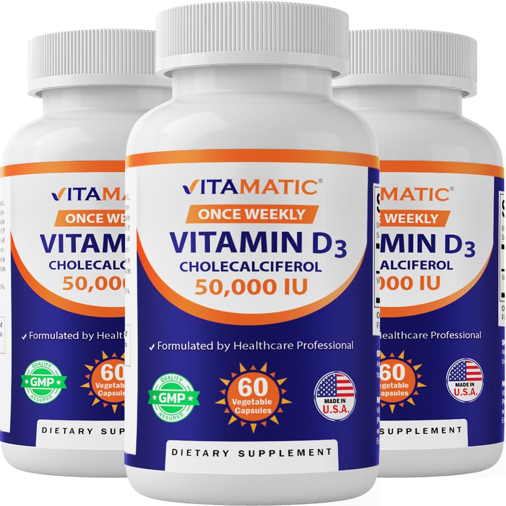 Vitamatic 3 Pack Vitamina D3 50.000 UI (come Cholecalciferol), Una volta Dose settimanale, 1250 mcg, 60 capsule vegetali 1 anno di alimentazione, Formula progressiva che aiuta le carenze della vitamina D