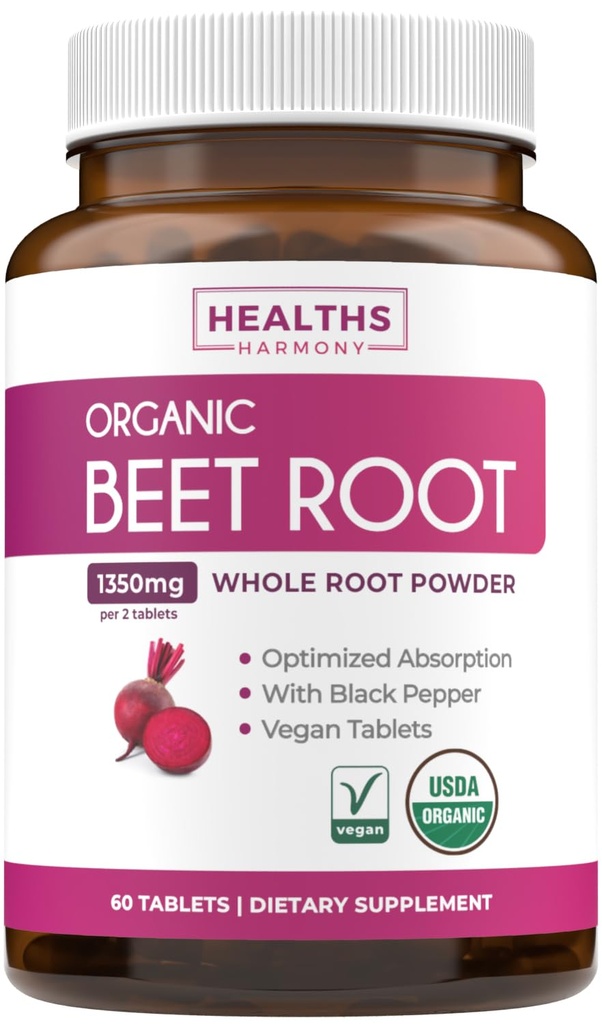 Polvere di radice di barbabietola organica USDA (60 compresse) 1350mg Beets Per servire con pepe nero per l'assorbimento extra - Super Antiossidante e Nitrato supplemento per le prestazioni atletiche e Stamina- senza capsule