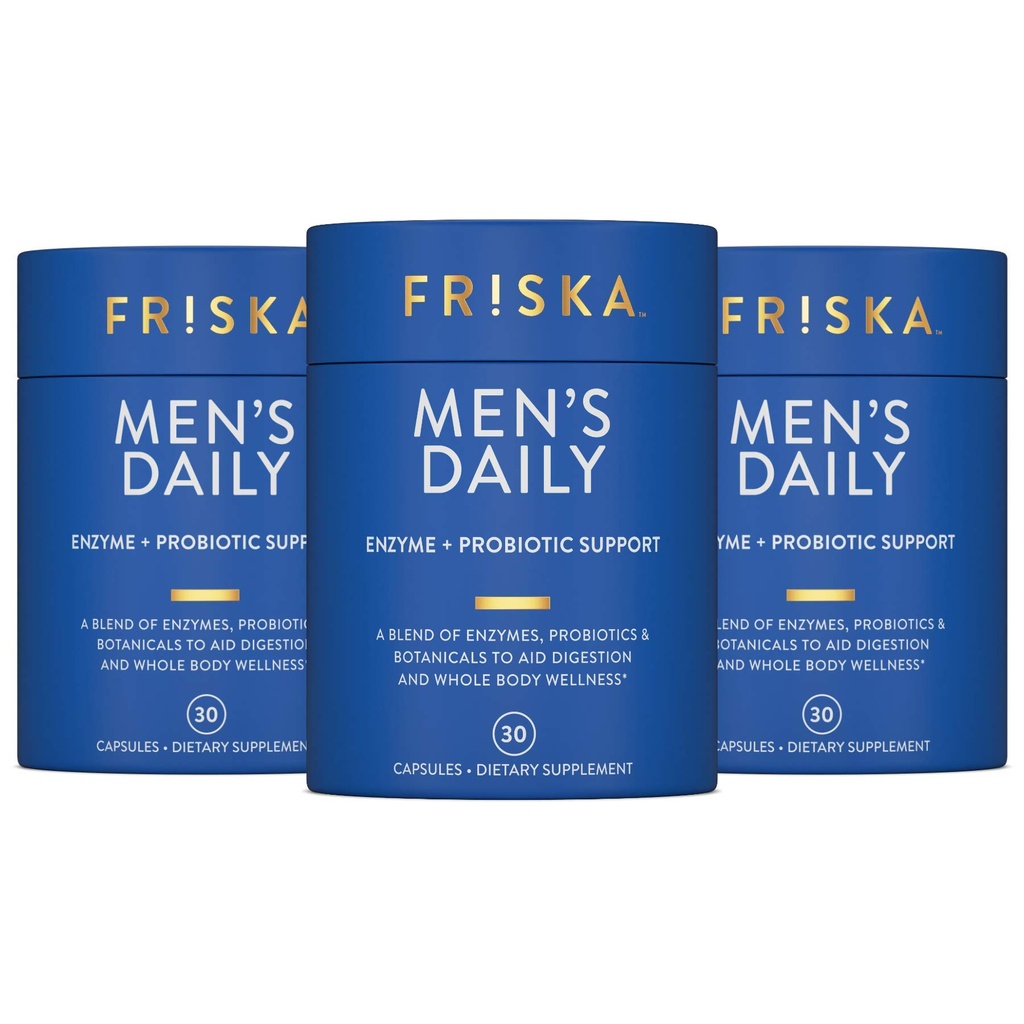 Integratore giornaliero digestivo e probiotici di FRISKA, Supporto naturale per la salute digestiva maschile, Bloating, Gas, Indigestion Relief, Supporti Gut Health, Lactase e B-Vitamins, 90 capsule