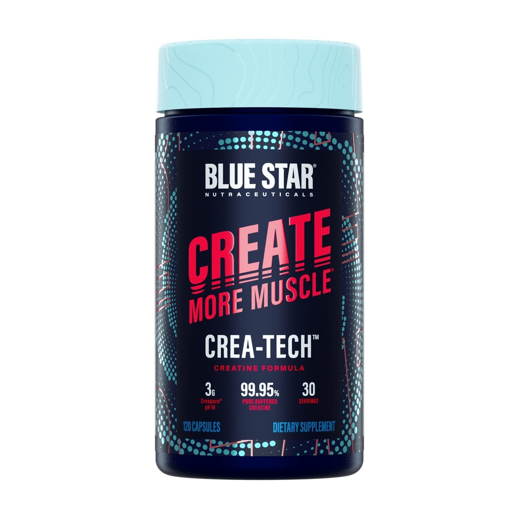 Blu Star Nutraceuticals CREA-TECH - Creatina Monoidrato - w/Electrolytes. Creatina + elettroliti capsule - costruire muscolo e aumentare la resistenza | 30 giorni di alimentazione - 120 capsule vegetali