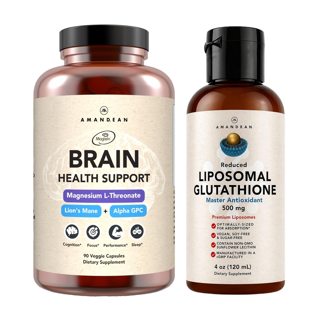 AMANDEAN Premium Brain Health Supplement & Liposomal Glutathione Bundle. Formula tripla con Magnesio L-Threonate, USA-Grown Organic Lion’s Mane 6:1 Extract, e Alpha-GPC.