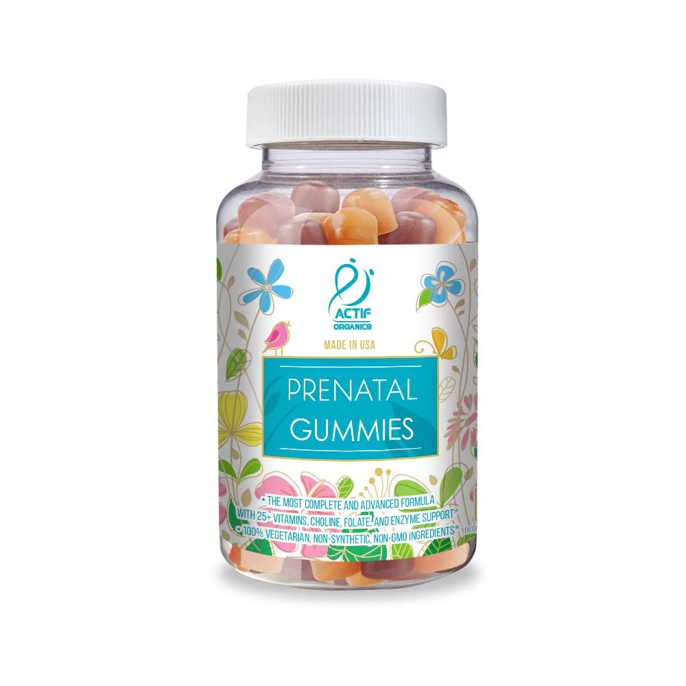 Gummie Prenatali Actif con 25+ Vitamine Organiche e Miscela Erbale Organica - Non OGM, 100% Vegetariano, 90 Conte, Made in USA