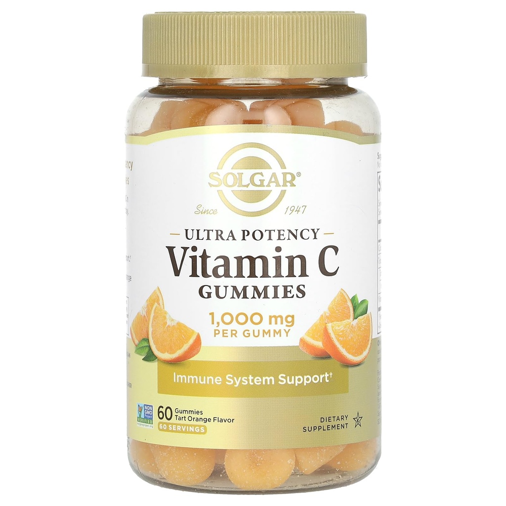 Solgar vitamina C Gummies per gli adulti 1.000mg Ultra Potency Vitamin C Immune System Support per le donne e gli uomini - Tasty Tart Orange Flavor, Vegan & Gluten-Free Gummy, 2 Mesi di alimentazione, 60 Serve, 2g Zucchero